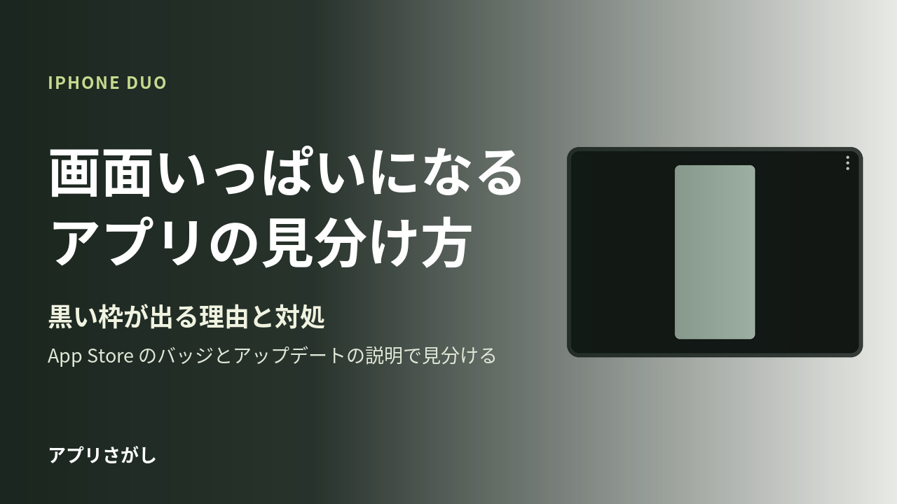 「画面いっぱいになるアプリの見分け方」と書いた見出しと、内側の画面の中央にアプリが小さく出て周りが黒く空いている図